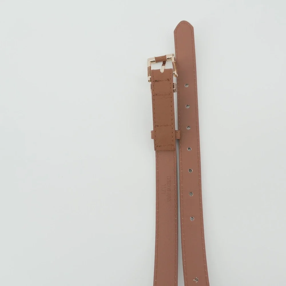 Faux Leather Belt Womens L/XL Brown Gold Buckle Skinny Waist Belt